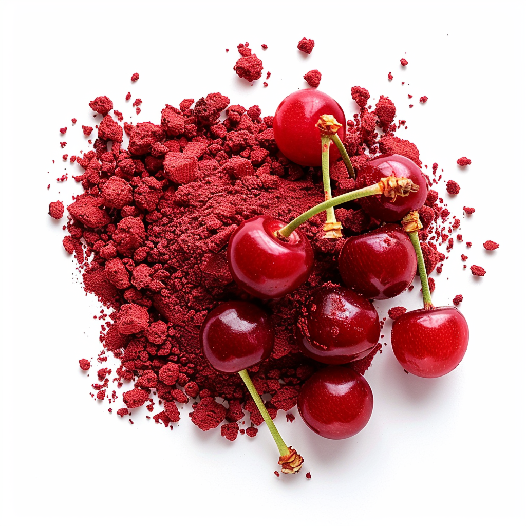 Fresh cherries on a pile of cherry powder isolated on white background.