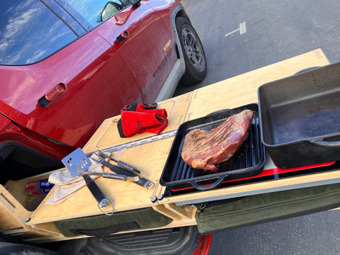 Tri-Tip Steak cooking on the Thunderbolt Adventure Supply Camp Kitchen