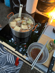 Sukiyaki cooked on the camp kitchen