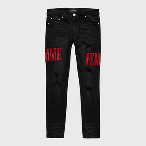 HOMME + FEMME LETTERMAN DENIM BLACK/RED (HFSM202103) - Hi Level