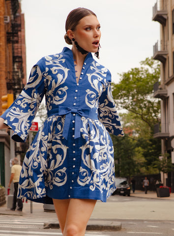 Mestiza New York blue and white Carmen mini dress