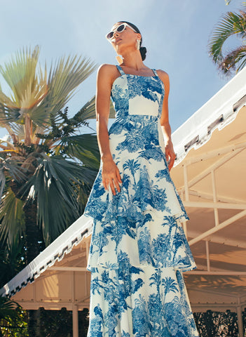 Blue and white palm toile dress