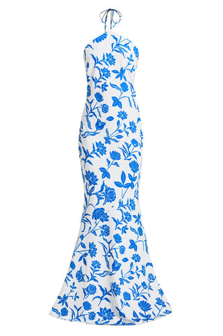 Blue and white floral printed halter dress