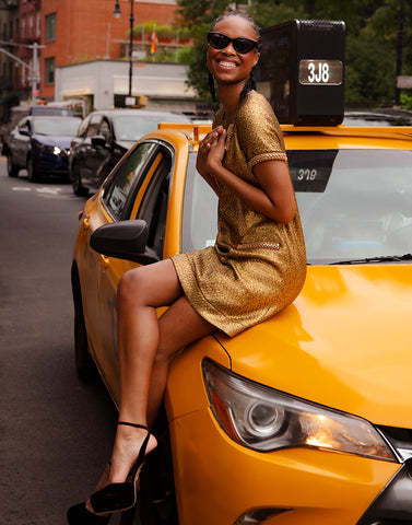 Gold tweed mini shift dress
