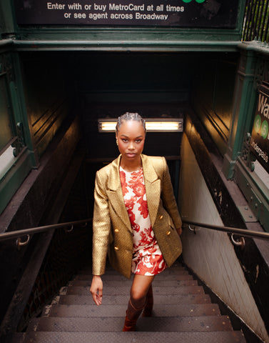 Gold blazer over shift dress