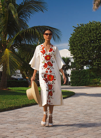 White caftan with floral embroidery in red