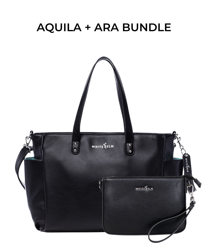 BLACK | AQUA LINING | SILVER HARDWARE / AQUILA + MATCHING ARA CROSSBODY CLUTCH