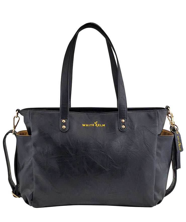 black vegan leather tote bag