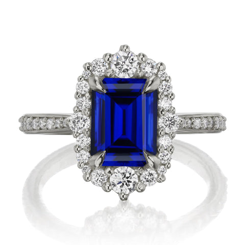 ADELINE: Emerald cut blue sapphire diamond halo