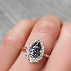 Pear Iconic Grey Moissanite Halo Engagement Ring with Diamonds in Rose gold