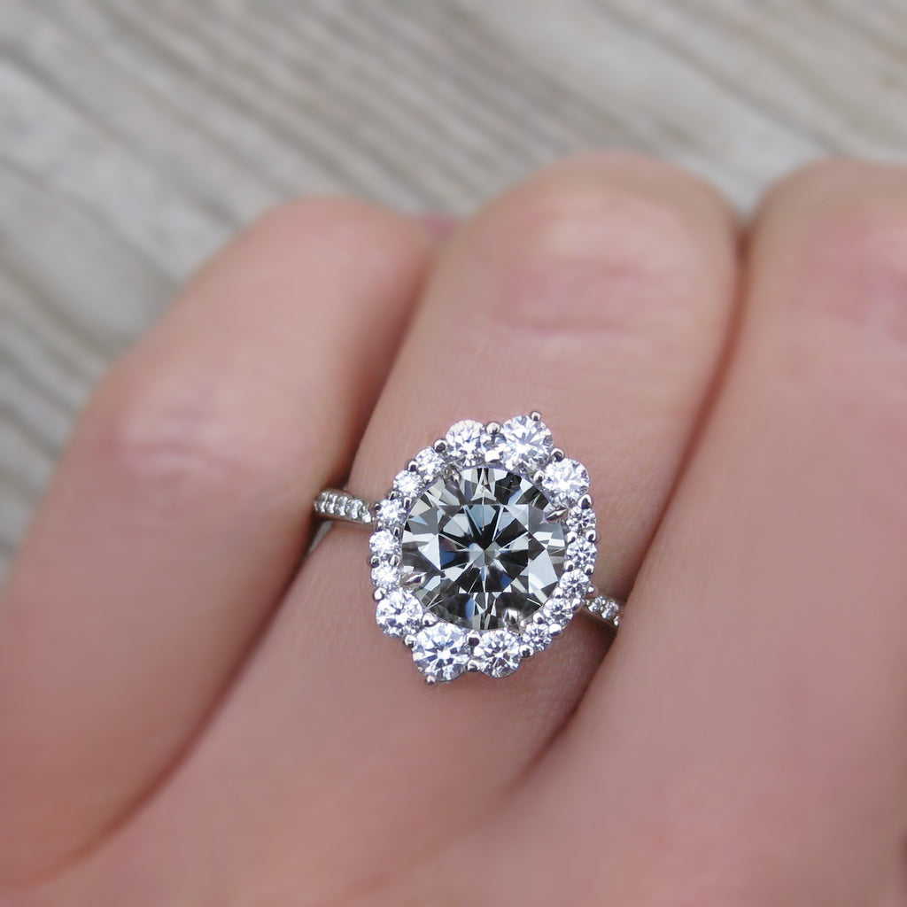 Grey Iconic Moissanite Engagement Ring with Diamond Halo & Pavé Band ...
