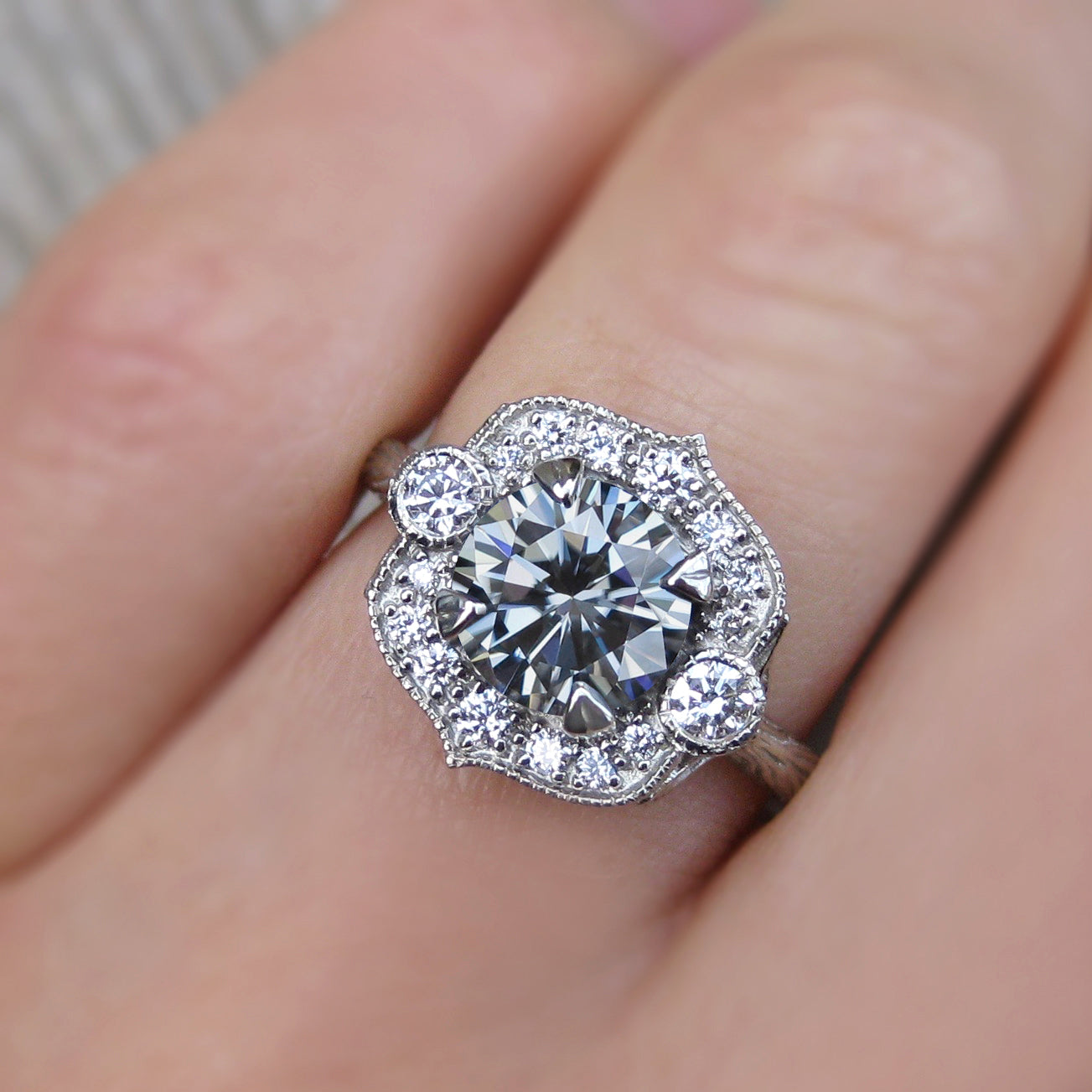 Grey Iconic Moissanite Engagement Ring And Diamond Halo 1 5ct Kristin