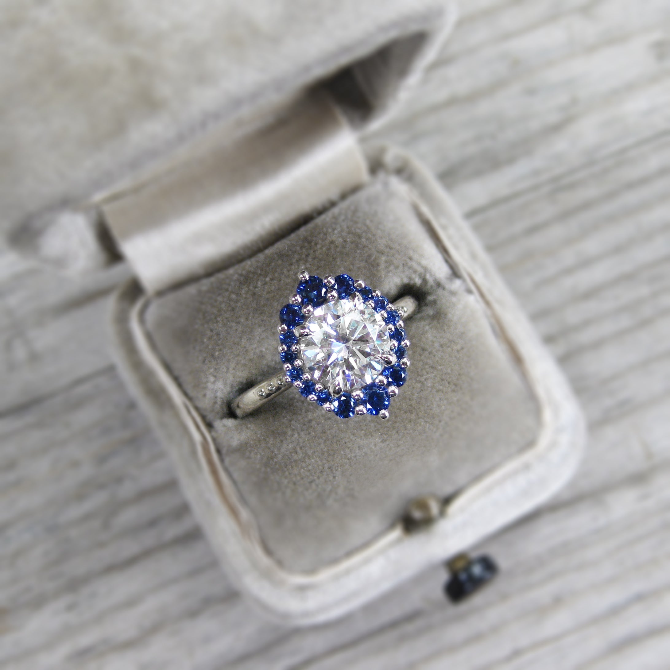 Moissanite & Blue Sapphire Halo Engagement Ring (1.5ct) | Kristin ...