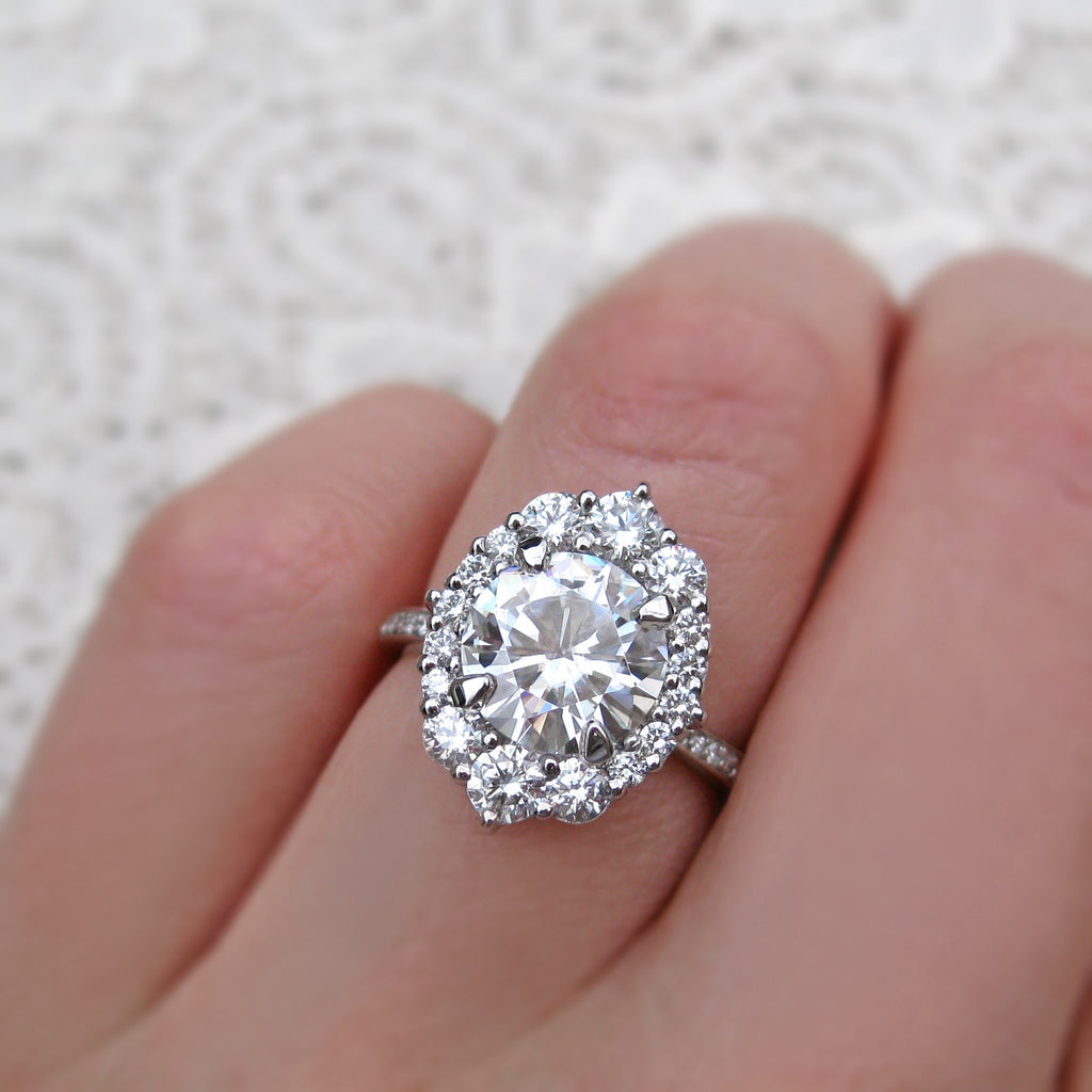 Moissanite Engagement Ring with Diamond Halo & Pavé Band (2.65ct ...