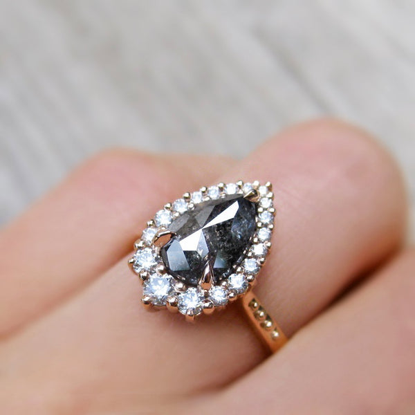 Salt + Pepper Pear Rose Cut Diamond Halo Ring | Kristin Coffin Jewelry