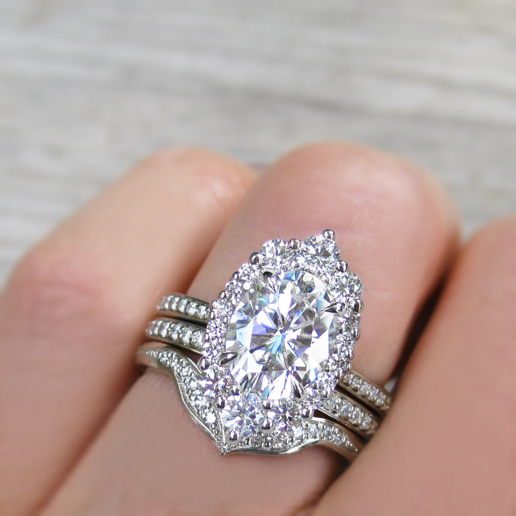 Forever One Moissanite Engagement Ring With Diamond Halo And Pavé Band 275ct Kristin Coffin 9086