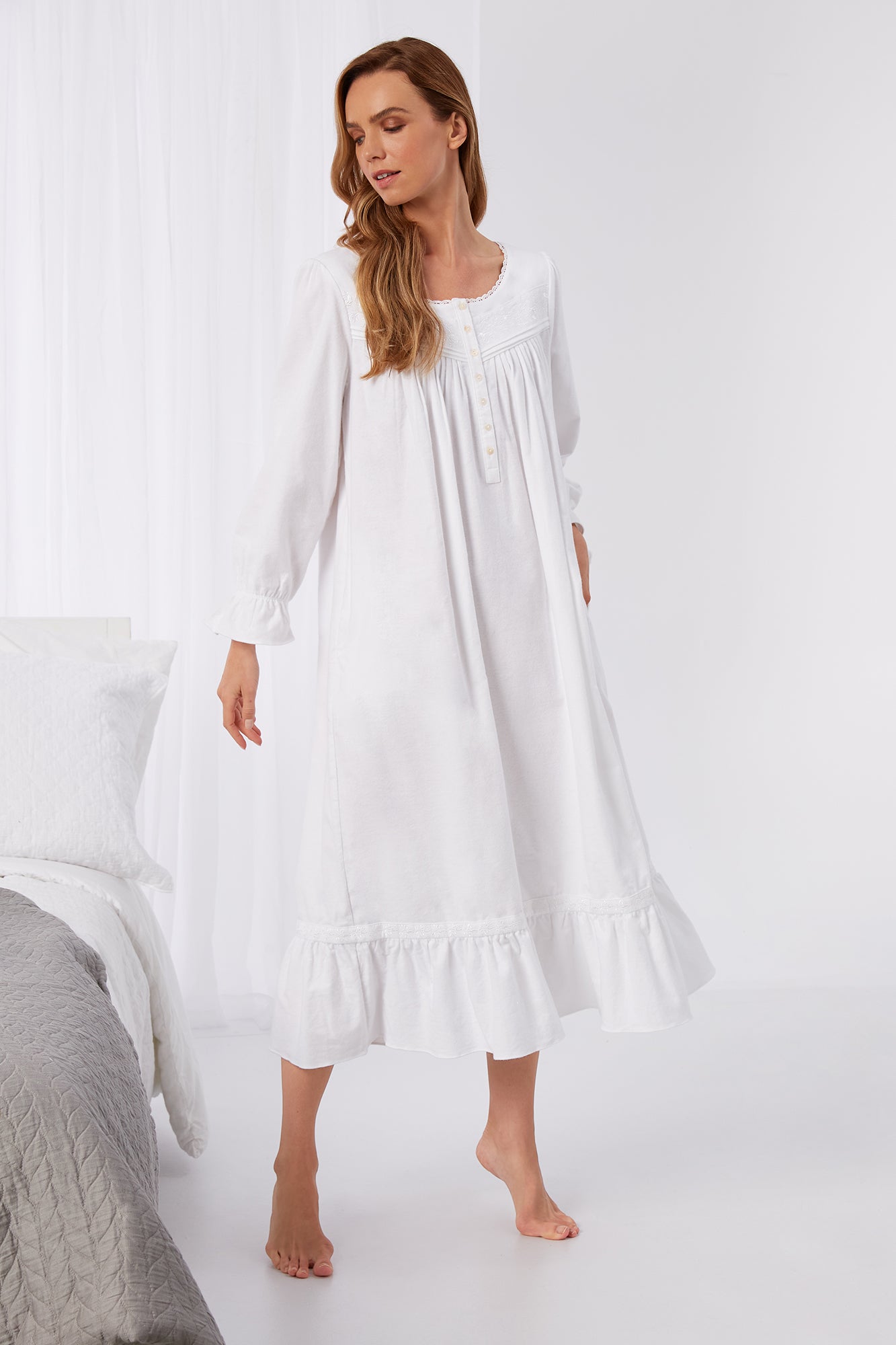 Embroidered White Flannel Jewel Gown