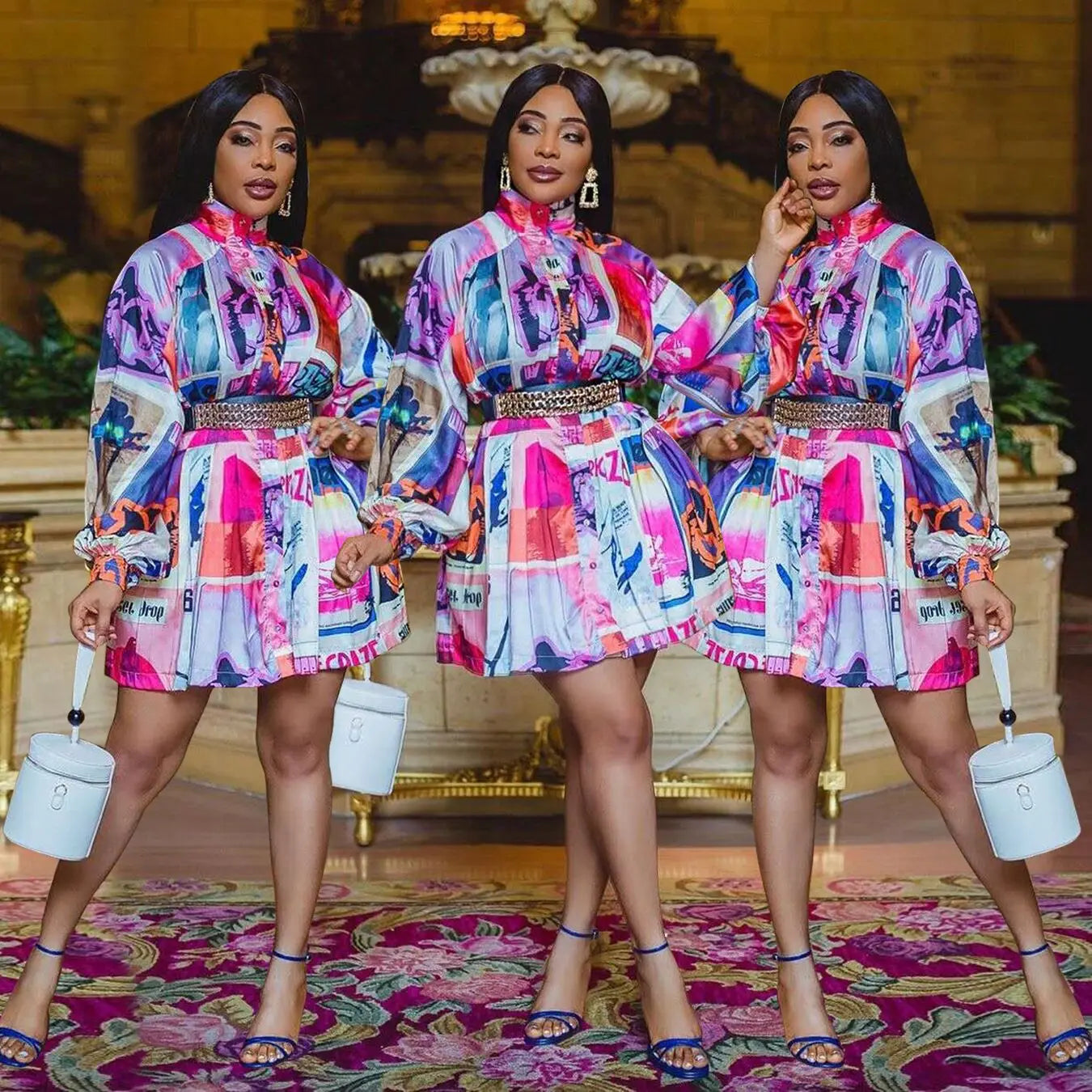 2023 Summer Pink High Quality Print Sexy Lantern Sleeves Loose Cool Print Fashion Shirt Top Dress Women Skirt