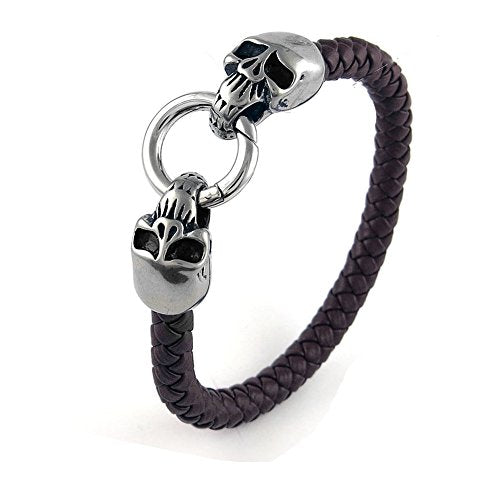 Ben & Jonah Brown Faux Leather and Stainless Steel Skulls Biker Bracelet with Fancy Lock (9 inch