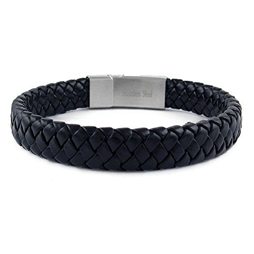 Ben & Jonah Braided Black Faux Leather and Stainless Steel Bracelet with Magnetic Stainless Stee