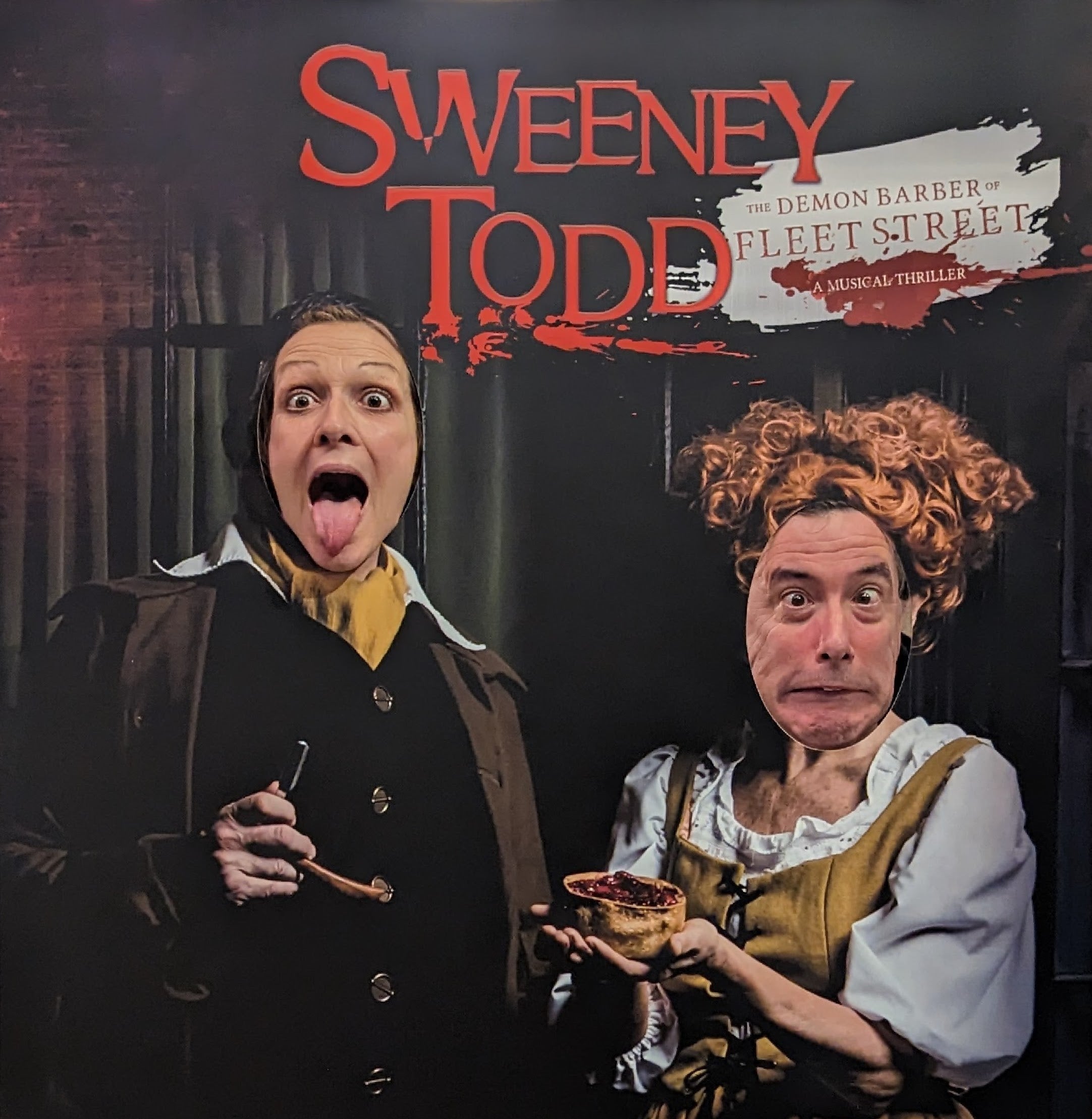 Cast members putting their faces in the holes of sweeney todd board