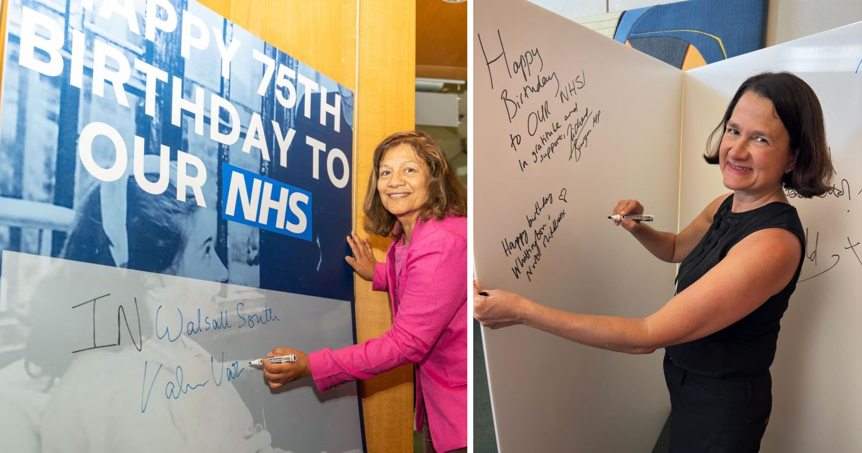 members of parliament signing NHS giant card for 75th birthday