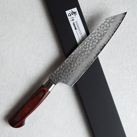 KYOKU Daimyo Series - Cuchillo japonés de hoja de Damasco, martillada, con  núcleo de acero VG10, con funda y estuche