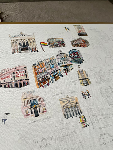 Some watercolour illustrations of West End Theatres on Shaftesbury Avenue on Eve Leoni's map of the West End.