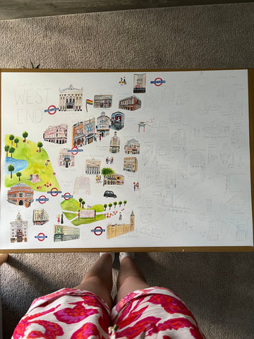 Eve Leoni Smith's West End Map when it is half finished and features some watercolour illustrations of London theatres.