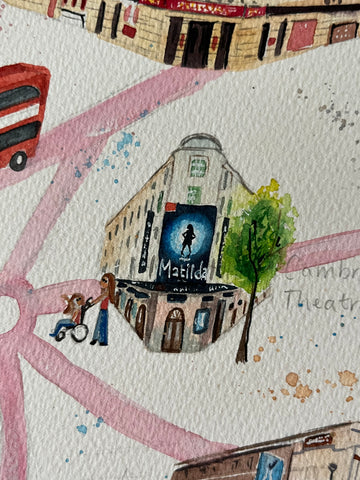 A watercolour illustration of the Cambridge Theatre in London's West End, featuring Matilda the Musical by Eve Leoni Art.