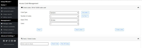 A screenshot showing how to customize and generate WiFi access codes inside the Guest Internet admin account