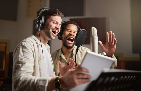 music singing and men recording in studio tablet for blog