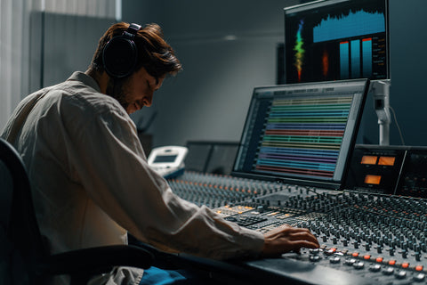 sound engineer working in music studio with monitor speakers
