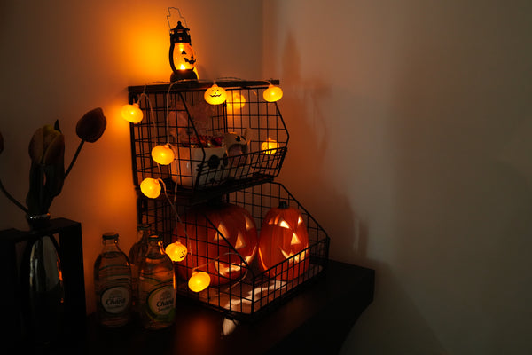 halloween decor with wire baskets