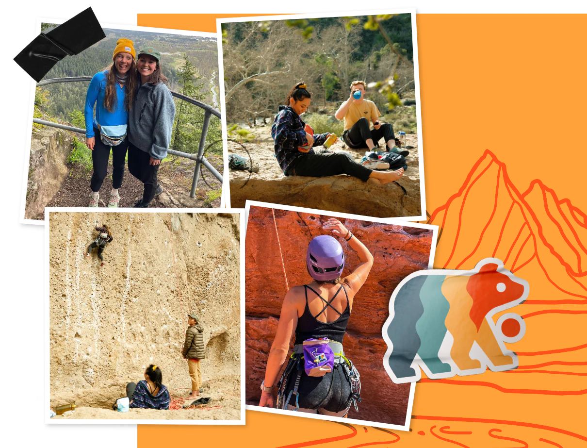 Collage of photos showing people wearing Oso gear. Mixed in with the collage is a sticker of the Oso bear.