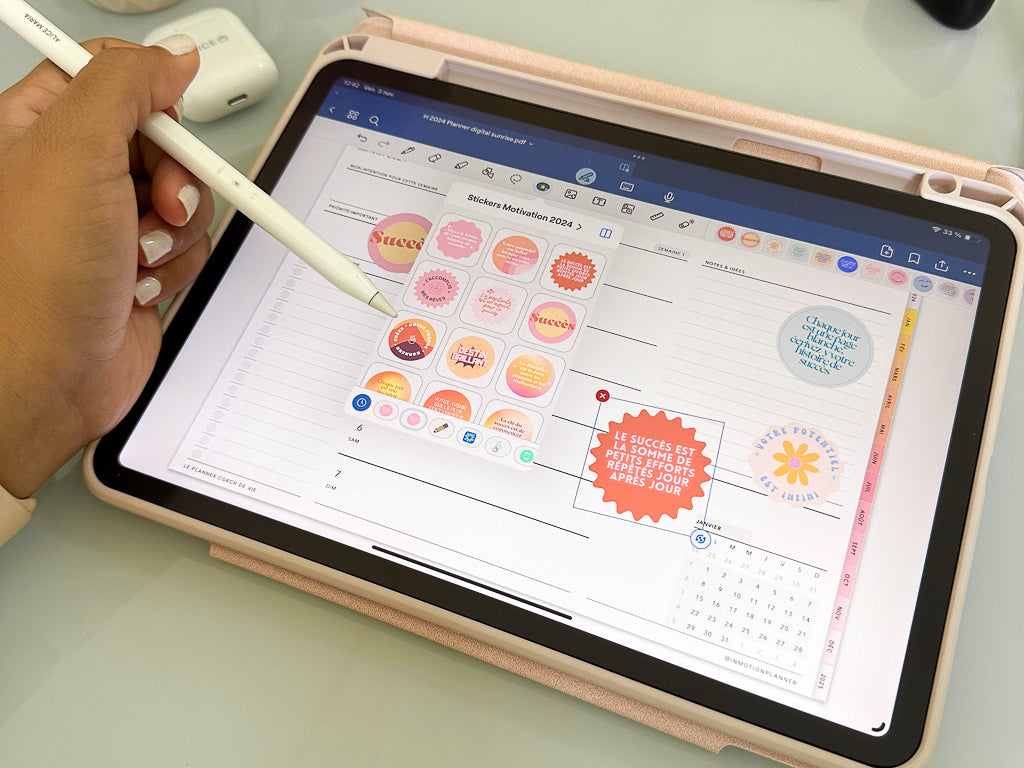 Planner digital, agenda numérique 2024 avec stickers de motivation et épanouissement