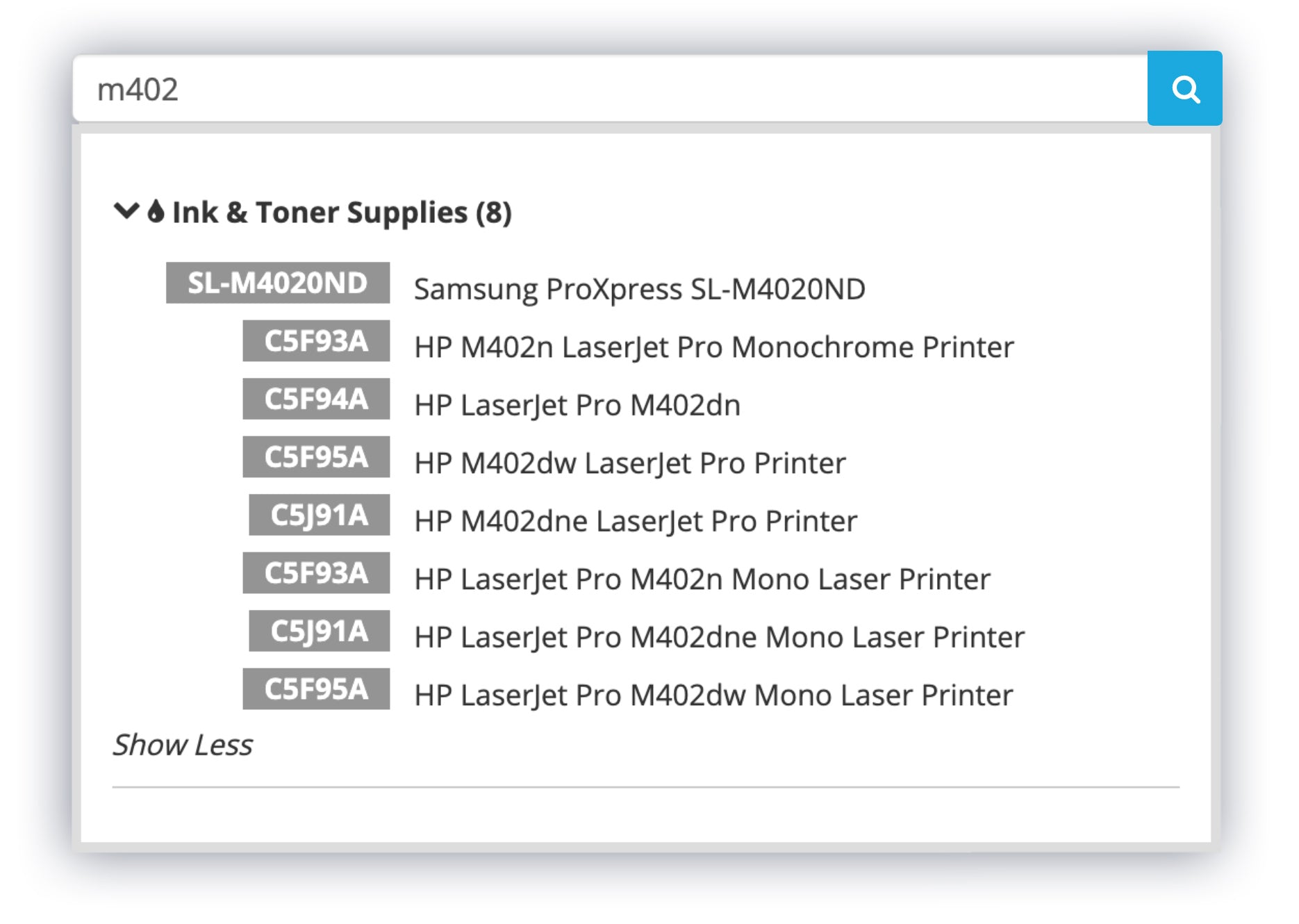 A screen capture example of the search functionality for printer ink and toner available on the Fusion Managed Services website.