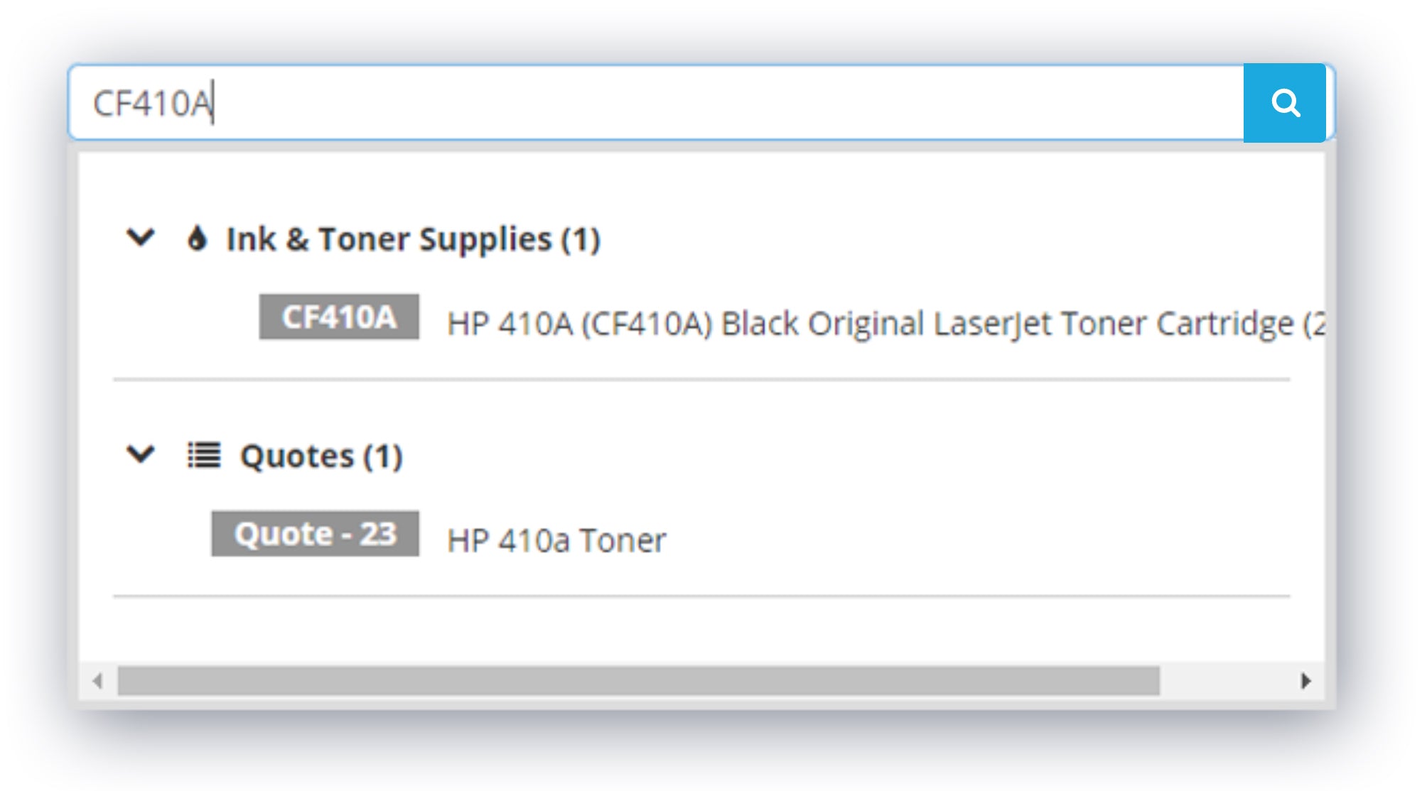 A screen capture example of the search functionality for quotes of printer ink and toner available on the Fusion Managed Services website.