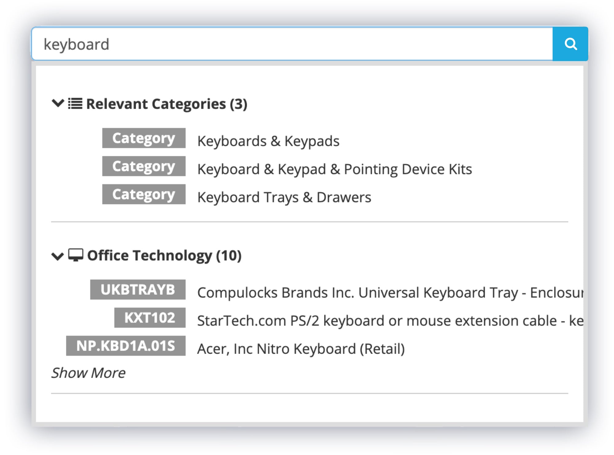 A screen capture example of the search functionality for office equipment available on the Fusion Managed Services website.