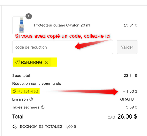 Utilisation du code promo sur la page de paiement