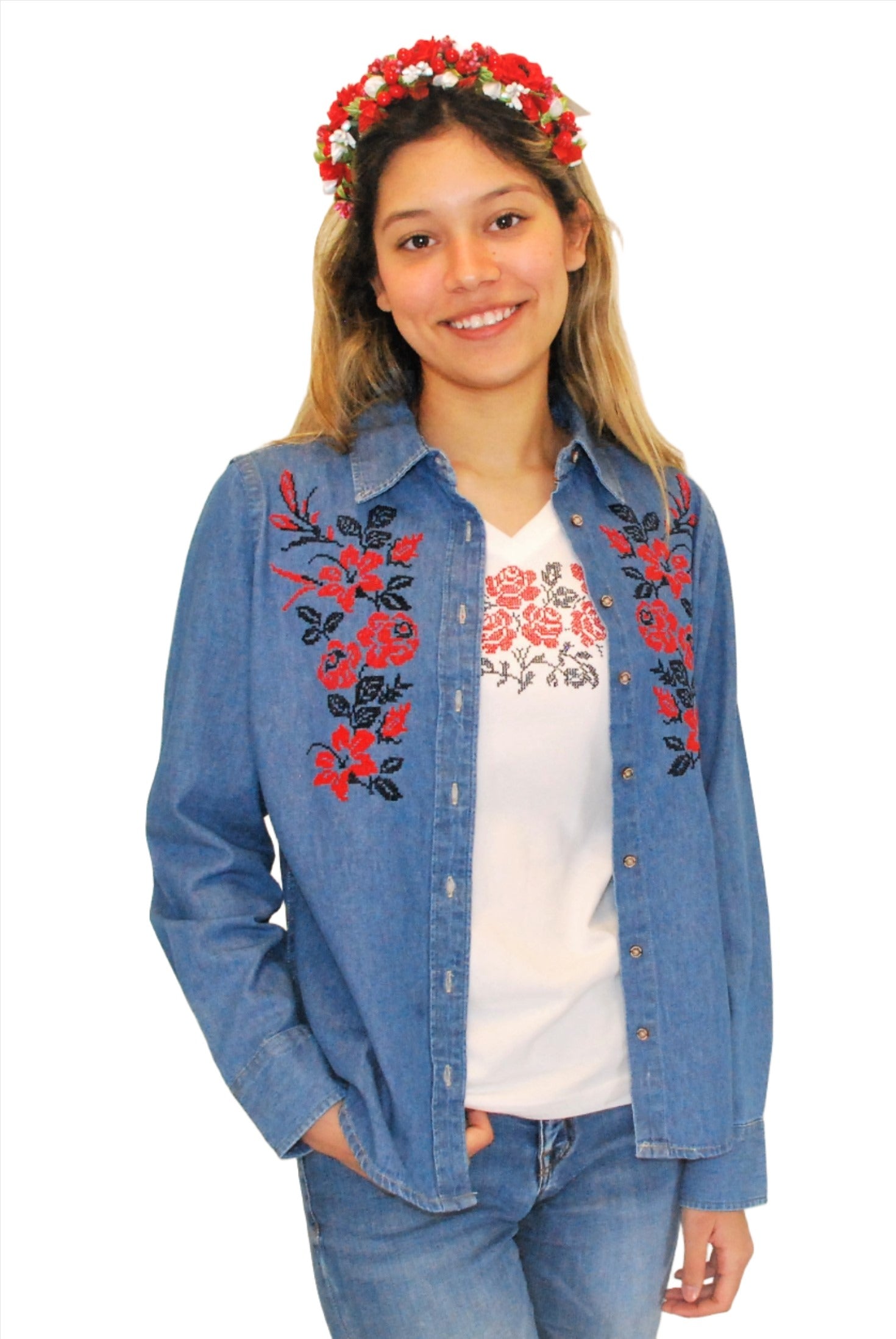 Women's embroidered denim shirt - Ukie Style