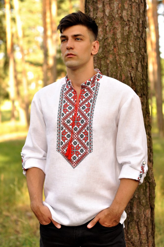 Men's white Vyshyvanka with blue embroidery - Ukie Style