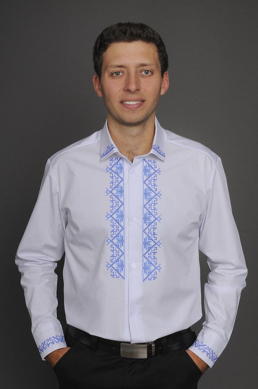 Men's button-up shirt with blue embroidery. Sizes S - XL – Ukie Style