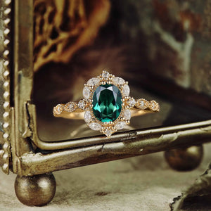 GemsMagic Emerald Halo Engagement Ring - GemsMagic