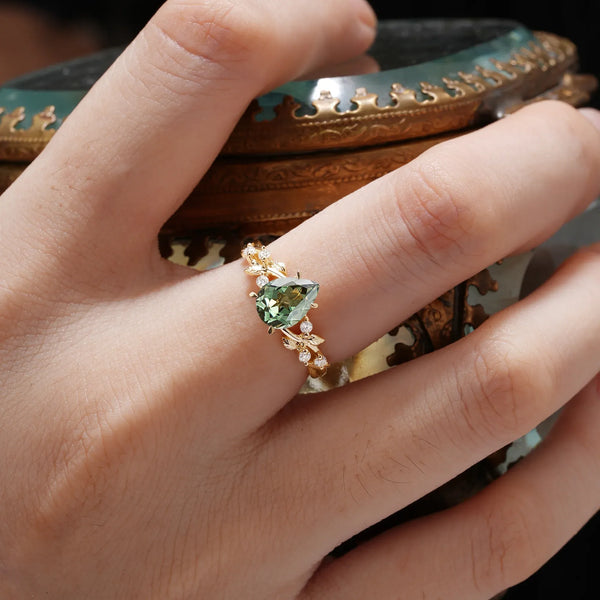 Green Sapphire Leaf Engagement Ring