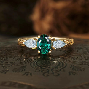 GemsMagic Oval Emerald&Aquamarine Cluster Engagement Ring - GemsMagic