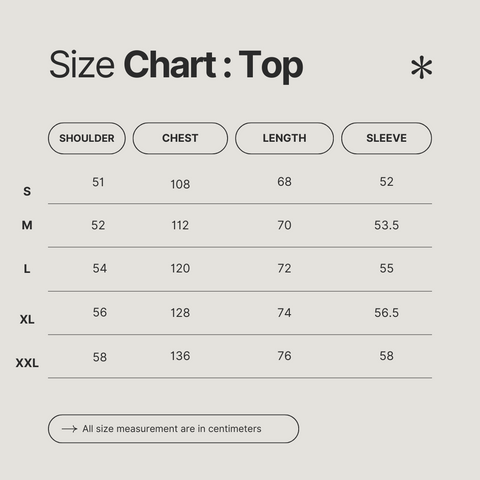 Size chart for women's sleepwear top