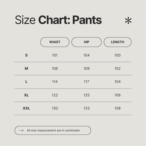 Size chart for women's sleepwear pants