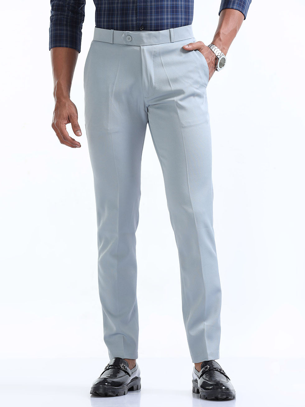 Sojanya (Since 1958) Men's Cotton Blend Sky Blue Solid Formal Trousers