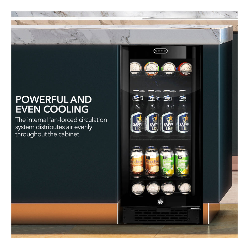 Whynter BBR801BG 15 inch Built-in Black Glass 80-can capacity 3.4 cu ft. Beverage Refrigerator, Reversible Door, Auto Defrost, Cylinder lock, in Black